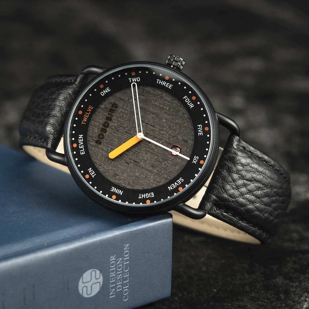 Black wristwatch with a textured gray dial 