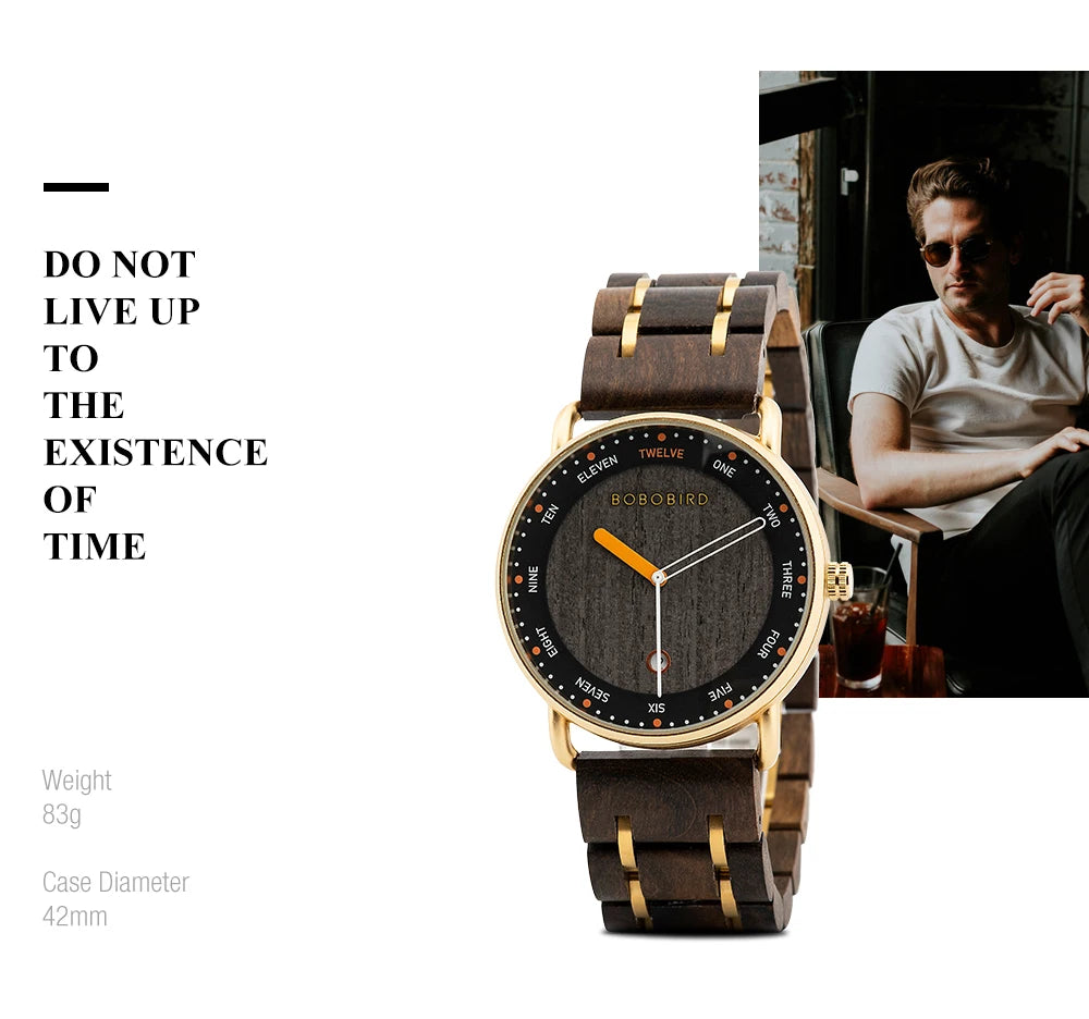 Wooden watch with gold accents on a white background, featuring text and a person in the corner.