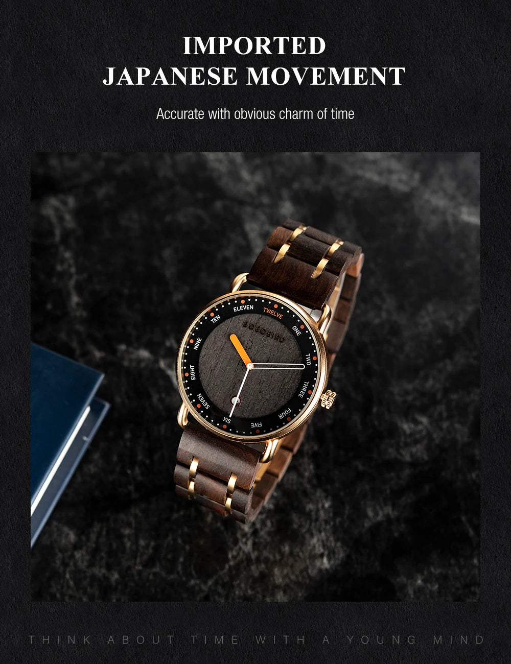 Wristwatch with brown leather strap and black dial on a dark textured background
