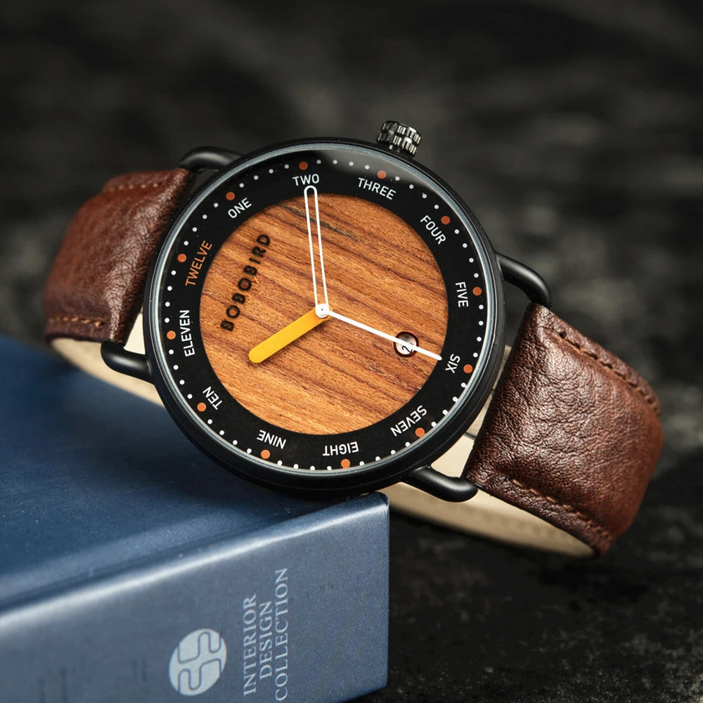 Wooden watch with brown leather strap 