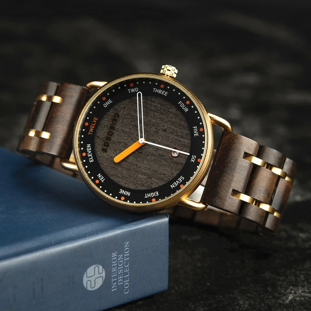 Wooden watch with gold accents 