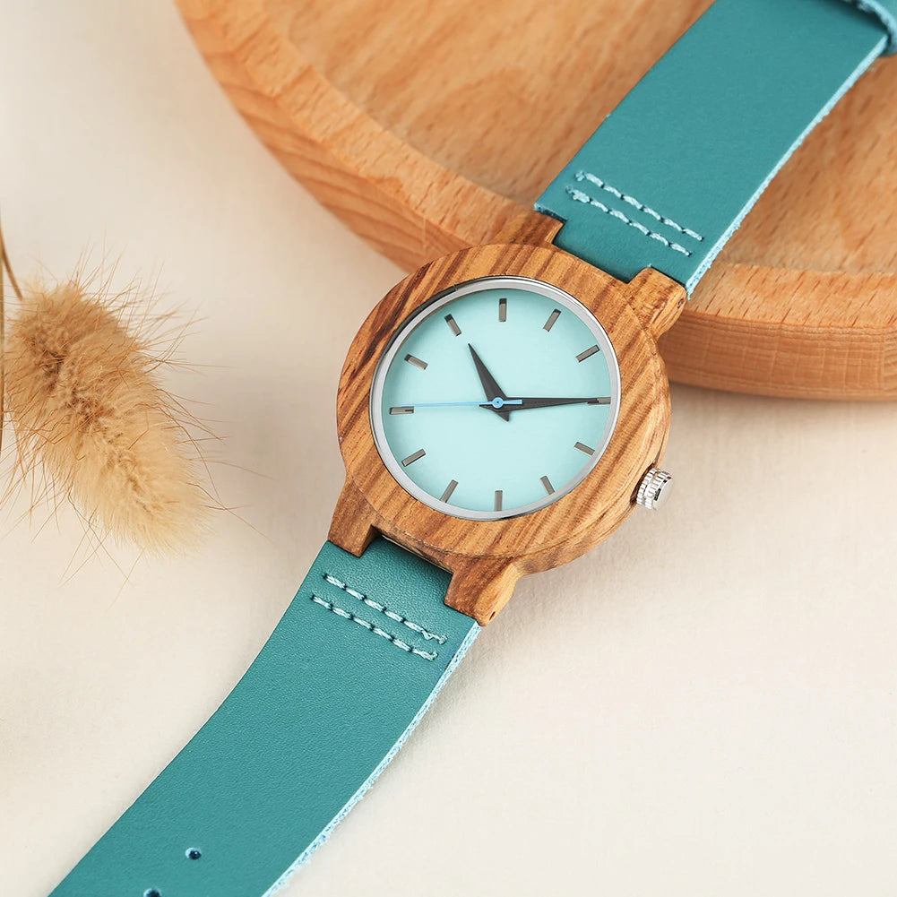 Wooden watch with teal strap 